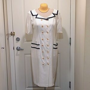 EUC 80s Louis Feraud 14 White and Navy Double Breasted Sailor Dress